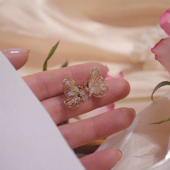 NEW 14K Gold Plated Diamond Butterfly Earrings - Picture 8 of 13